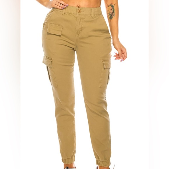 Double Denim Pants - Women's High Waist Cargo Jogger Hiking Pants Casual Elastic Waistband Tapered